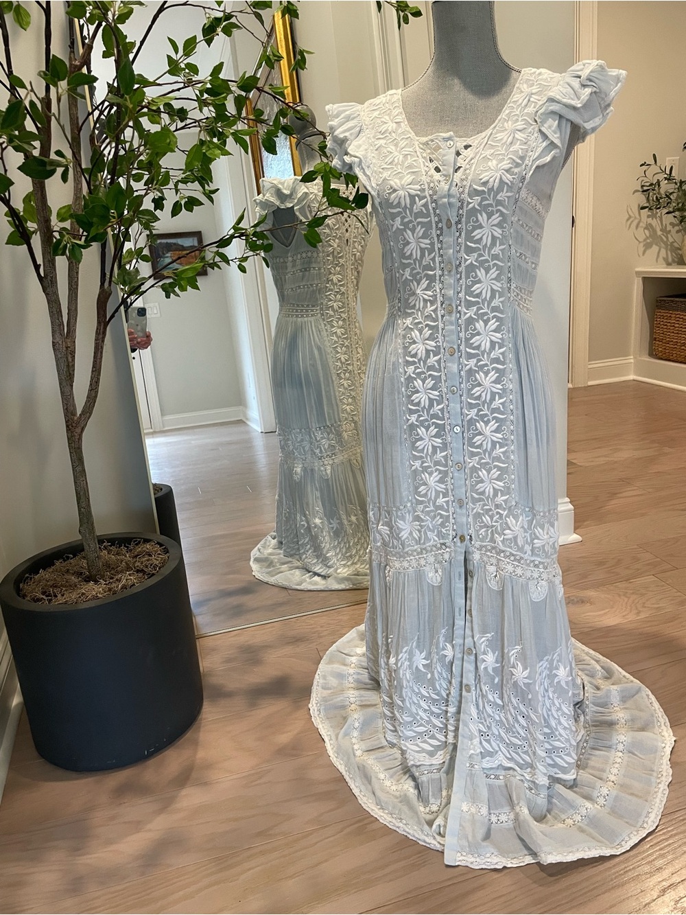 Love Shack Fancy Embroidered Maxi Dress with Ruffled Cap Sleeves